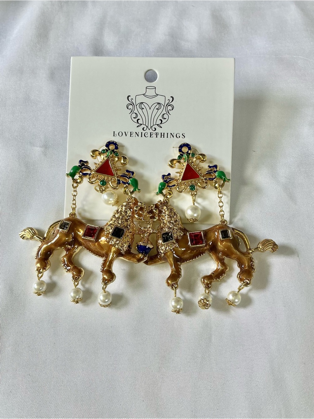 VTG Inspired Gold-plated Horse Dangle Earrings w/ Colored Stones and Pearls